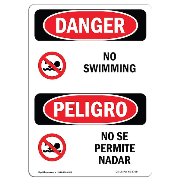 Safety Sign, OSHA Danger, 5" Height, No Swimming Bilingual Spanish, 10PK